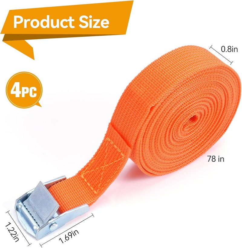 BRUTEBOSE Tie Down Straps 4-Pack, 0.8" x 6.6Ft (2x200cm) Heavy Duty Orange Lashing Straps, Adjustable Retaining Straps with Buckle for Vans, Motorcycle, Trailer, Luggage, Car Roof Rack - Image 3